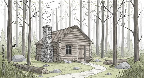 Cozy Log Cabin in a Quiet Forest Clearing with Smoke Rising from Chimney