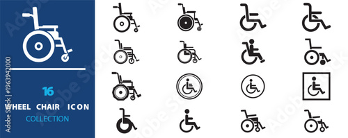 Wheelchair accessibility and disability inclusion solid icon set. Featuring 16 glyphs for wheelchair, mobility aids, accessible facilities, and universal design. Flat vector icons for healthcare 