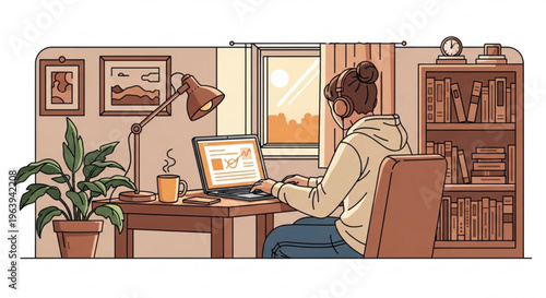 Woman working on laptop at home office desk with bookshelf and plant enjoying remote work