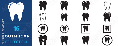 Dental tooth icon collection, 16 professional tooth symbols in EPS format, black and white molar silhouettes for dentistry and oral healthcare