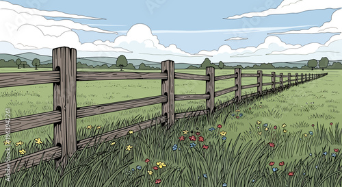 Cartoon Style Wooden Fence in a Wildflower Meadow