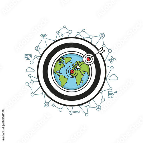 Global Target with Arrow Hit on Earth Surrounded by Digital Network Icons