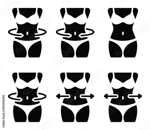 Silhouette of a woman's body showing waist measurements and slimming progress