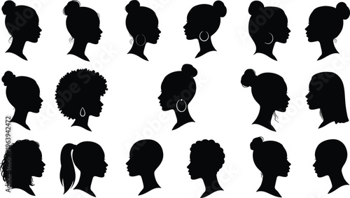 Black woman profile silhouette, female head side view, hairstyle collection, beauty concept, elegant afro lady clipart, fashion design vector