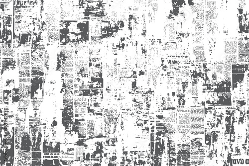 Distressed monochrome newspaper collage texture with torn paper fragments