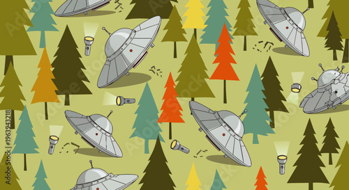 flying saucers and ufos scattered among green pine trees in a whimsical forest pattern illustration with flashlights.