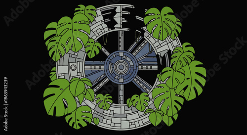 futuristic mechanical structure overgrown with green monstera plants illustrating nature reclaiming technology in a sci-fi concept
