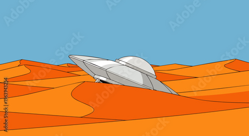 ufo desert scene a crashed spaceship or flying saucer partially buried in sand dunes under a clear blue sky.