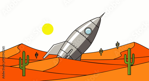 vintage silver rocket crash-landed in a vast orange desert with sand dunes and saguaro cacti under a bright sun.