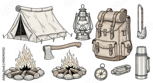 Camping Gear Set with Tent Backpack and Campfire Illustration