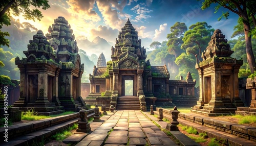 Ancient stone temple with multiple structures, lush greenery, and mountainous background under a dynamic cloudy sky