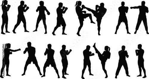 Boxing silhouette, martial arts training, kickboxing couple, sparring practice, male female fighters, combat stance, self defense, fitness workout, punch pose