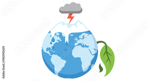 A stylized globe depicting climate change with a storm and wilting leaf