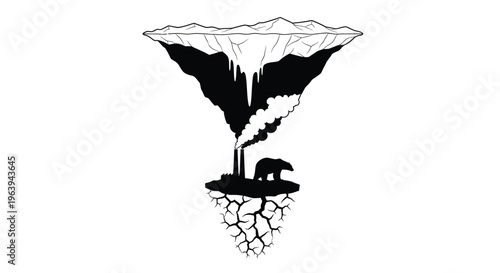 Melting iceberg with a polar bear on cracked earth illustrating climate change