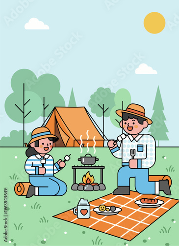 Couple camping and cooking outdoor summer holidays picnic flat illustration