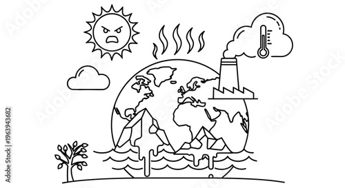 Global warming illustration depicting pollution rising temperatures and environmental damage