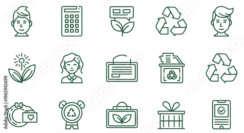 Green line icons depicting sustainability education finance and eco friendly concepts