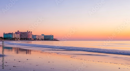 Coastal buildings silhouetted against a colorful sunset sky over the ocean
