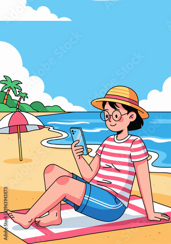 Woman relaxing on beach using smartphone summer holidays vacation flat illustration