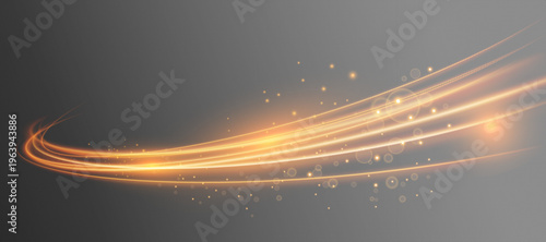 Golden light trails with glowing particles, abstract magic motion effect on dark background, shimmering gold wave for luxury design and cinematic overlays