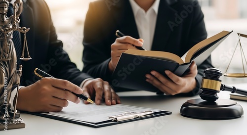Close up of hands reviewing legal documents with gavel and scales of justice on desk
