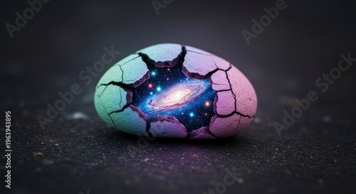 Cosmic egg cracked stone reveals a galaxy in a dark mysterious environment