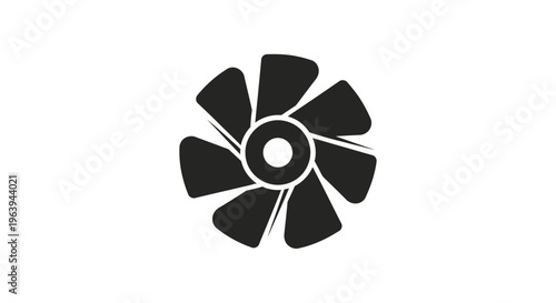 Abstract circular fan blades pattern icon, a stylized representation of a ventilation system or cooling device in monochrome black and white