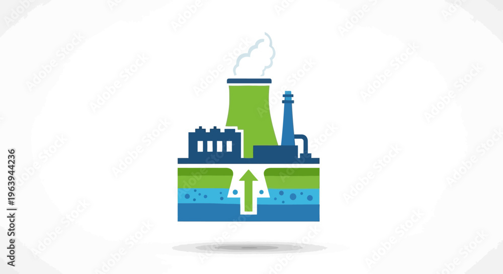 Obraz premium Detailed vector illustration of an industrial complex featuring a factory, cooling towers, and a smokestack, symbolizing resource management and environmental impact with underground flow systems