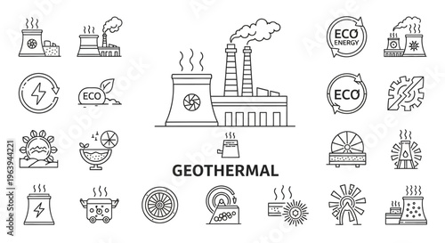 Geothermal energy industrial concept with power plants and renewable eco symbols representing clean power generation and sustainability