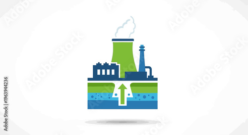 Detailed vector illustration of an industrial complex featuring a factory, cooling towers, and a smokestack, symbolizing resource management and environmental impact with underground flow systems