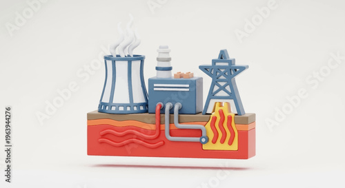 Modern industrial energy production facility with a cooling tower and electricity transmission network, rendered in vibrant 3D illustration, symbolizing sustainable power generation