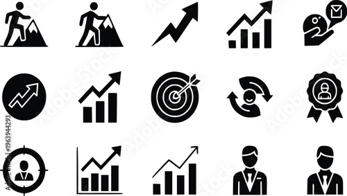 Persistence and determination black glyph icons set vector for business growth and leadership isolated on white