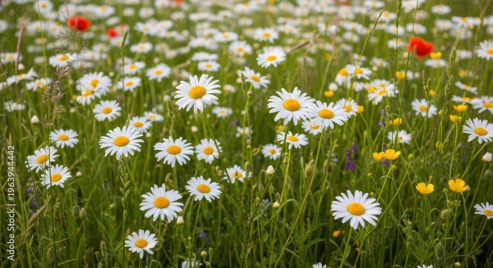 Fototapeta premium Blooming daisy field with white wildflowers, vibrant summer meadow with oxeye daisies and red poppies, natural floral background for spring