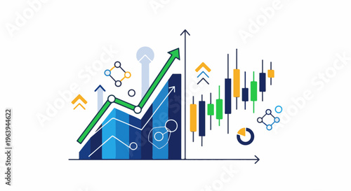 Abstract financial graph with upward trend and candlestick chart