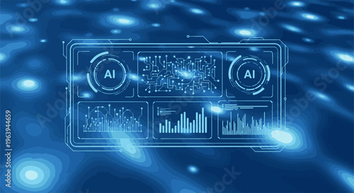 Abstract futuristic interface displaying AI circuit and data charts
