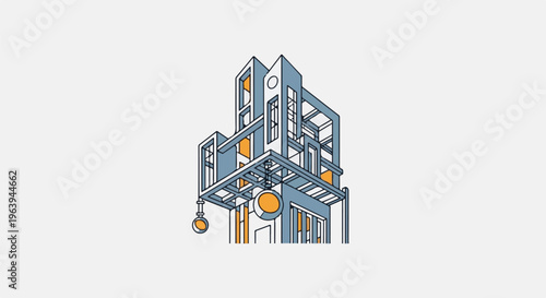 Abstract geometric building with orange accents and hanging spheres