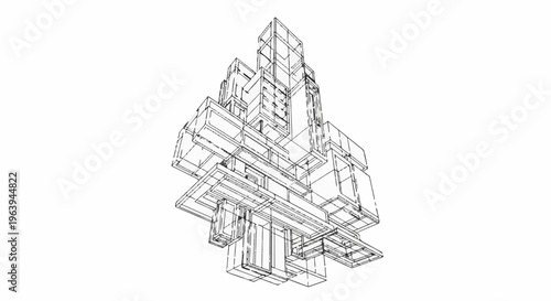 Abstract geometric structure with layered cubic elements, black outline sketch