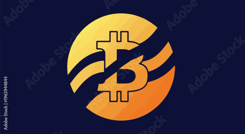 Abstract golden bitcoin symbol against dark blue background with wavy lines
