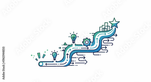 Abstract graphic of a winding path with arrows, leading to a star