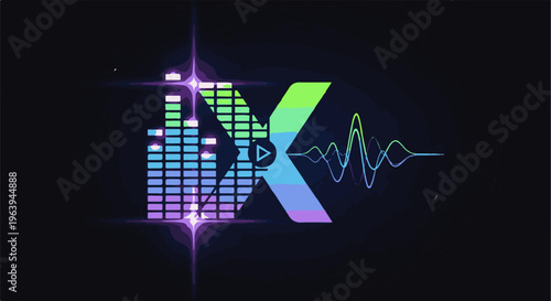 Abstract graphic with audio equalizer and waveforms in neon colors