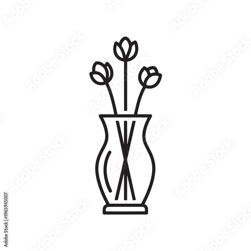 Minimalist glass vase with three tulip flower stems line icon. Modern floral home decor outline vector illustration.