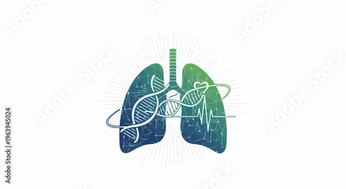 Abstract illustration of lungs with DNA, heartbeat, and scientific lines
