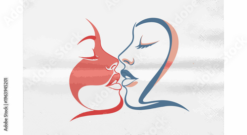 Abstract line art of two faces in profile, about to kiss, red and blue