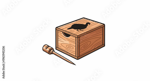 A wooden trap box with a bird silhouette and a wooden peg