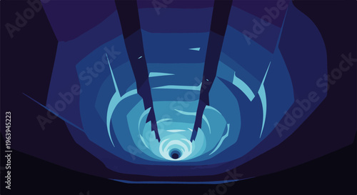 Abstract deep blue vortex with shadowy, abstract shapes