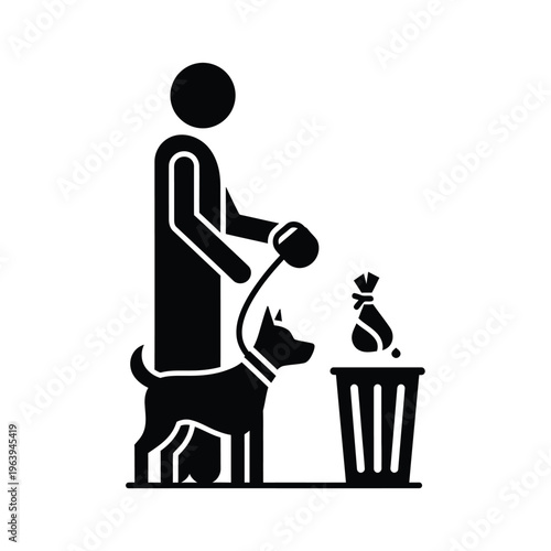 Illustration of vector graphic showing a person picking up dog waste in a trash can