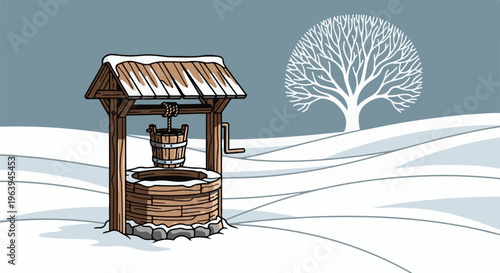 A wooden well with a bucket sits in a snowy landscape with a bare tree