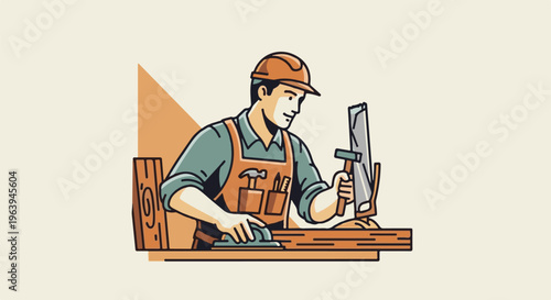 A woodworker in an apron and hard hat uses tools to shape wood