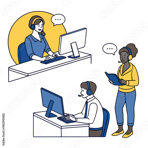Customer service team working at office desks
