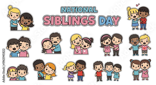 Illustration of diverse children celebrating National Siblings Day with colorful cartoon siblings in various poses on a white background.